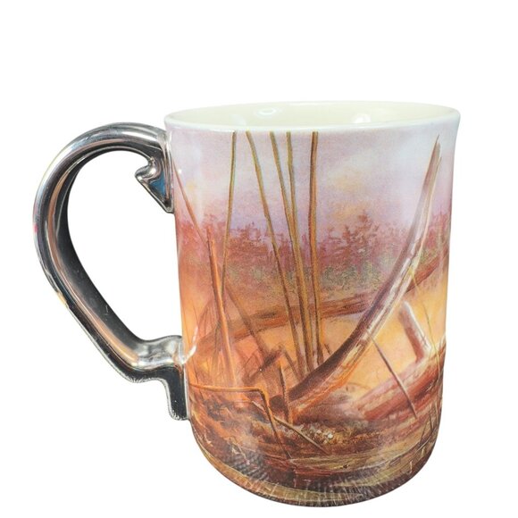 Rivers Edge Products 3D Ceramic Coffee Mug Cup 15 Oz Fishing Scene Silver Handle - Picture 2 of 15